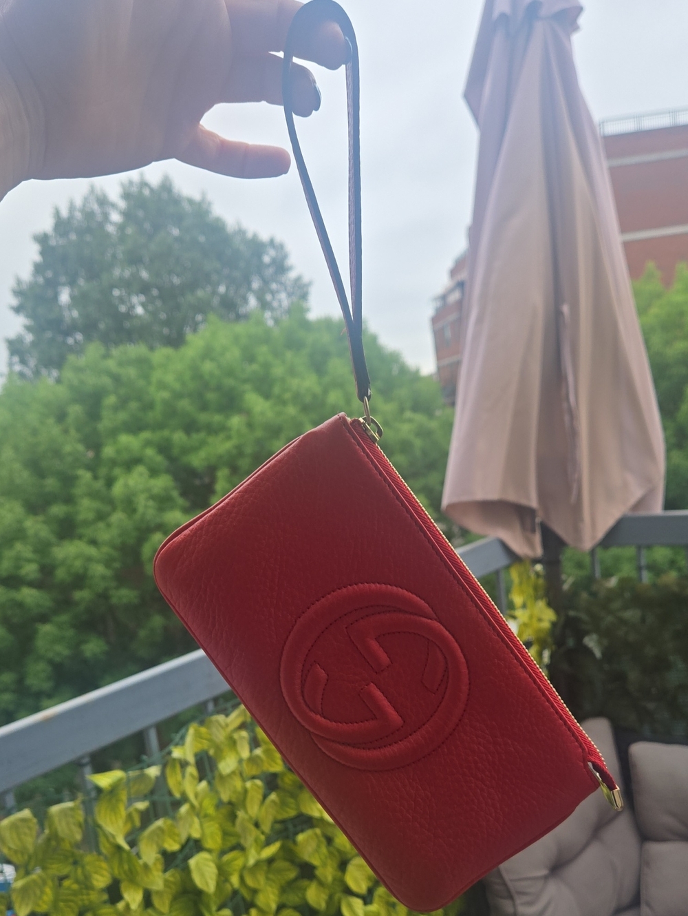 Gucci Red Leather Wristlet Clutch with Embossed GG